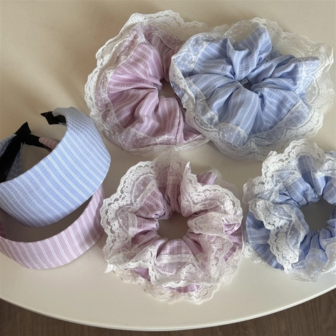 Coletero de Encaje a Rayas Estilo Francés Suave Diadema Ancha para Mujer Rosa Azul Tela Estampado Accesorios para el Cabello Dulce