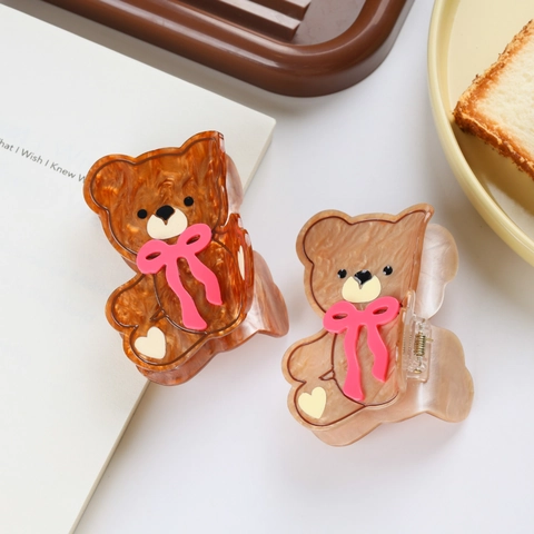 Cute Teddy Bear Acetate Hair Claw Large Marble Amber Texture Hair Clip With Pink Bow Sweet Animal Shape Hair Accessory For Women