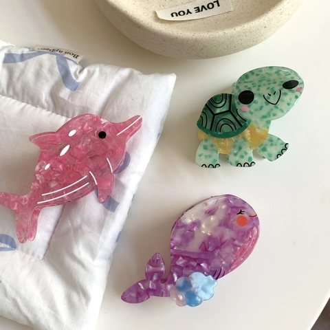 Cute Acetate Marine Animal Hair Claw Clip Colorful Marble Dolphin Whale Turtle Hair Accessories For Women Handmade Gift