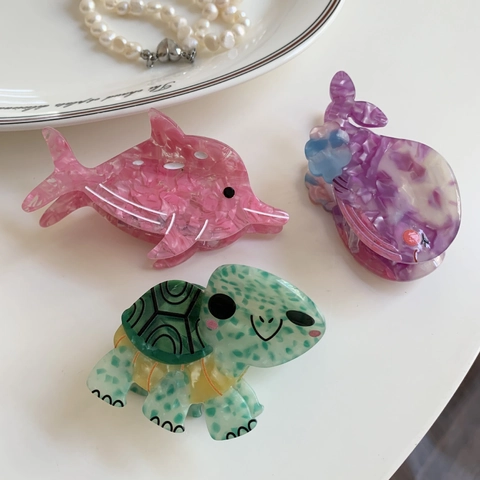 Cute Acetate Marine Animal Hair Claw Clip Colorful Marble Dolphin Whale Turtle Hair Accessories For Women Handmade Gift