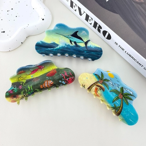 Große Haarklammer Mit Ozean-Thema PVC Strandlandschaft Schwertfischmuster Haarschmuck Für Damen Sommerurlaub Mode Haargreif