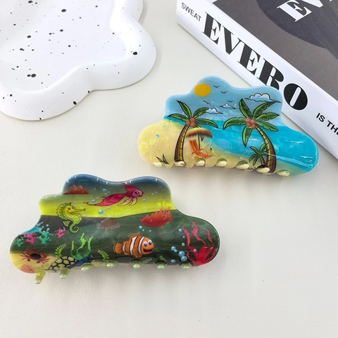 Große Haarklammer Mit Ozean-Thema PVC Strandlandschaft Schwertfischmuster Haarschmuck Für Damen Sommerurlaub Mode Haargreif