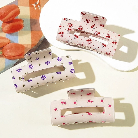 Damen Rechteckiger Blumendruck PVC Haarkralle Süße Frucht Haarklammer Ausgehöhlte Große Haarklemme Haarschmuck