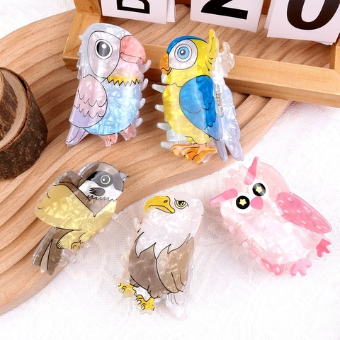 Pinza para el Cabello en Forma de Pájaro de Acetato Acrílico para Mujer Dibujos Animados Búho Loro Águila Accesorio