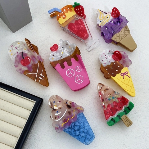 Pinces à Cheveux Crème Glacée en Acétate pour Femmes Forme de Dessert Mignon Patchwork Pinces à Cheveux Style de Vacances