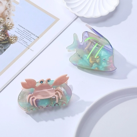 Pinza per Capelli Iridescente in Acetato a Forma di Animale Marino Granchio Pesce Con Strass Accessori per Capelli da Donna Eleganti