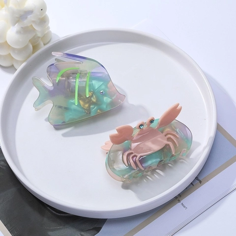 Pinza per Capelli Iridescente in Acetato a Forma di Animale Marino Granchio Pesce Con Strass Accessori per Capelli da Donna Eleganti