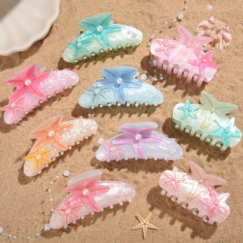 Fashion Ocean Style Starfish Hair Claw Clip With Artificial Pearls PVC Shark Clip For Women Summer Beach Vacation Hair Accessories