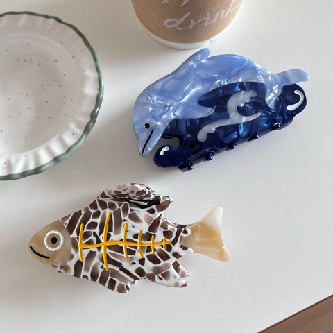 Creative Sea Animal Acetate Hair Claw Clips Dolphin Fish Shape Marble Pattern Hair Styling Accessories For Women Jewelry