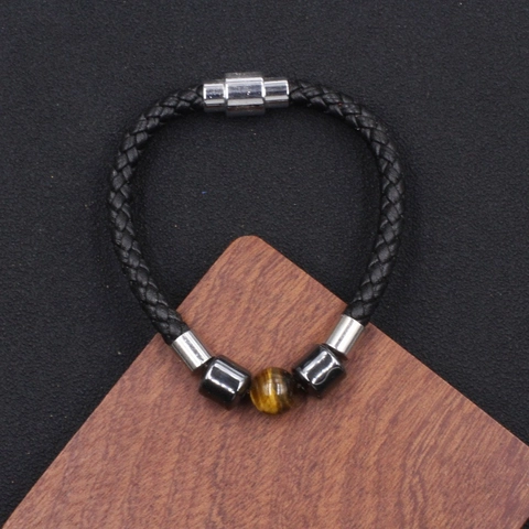 Men Punk Woven Leather Bracelet With Tiger Eye Stone Beaded Magnetic Clasp Alloy Geometric Hand Jewelry For Gift Daily Wear