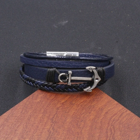 Vintage Men Multi-layer Leather Bracelet Alloy Anchor Charm Nautical Punk Hand-woven Braided Wristband Magnetic Clasp Jewelry Gift