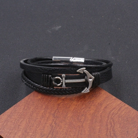 Vintage Men Multi-layer Leather Bracelet Alloy Anchor Charm Nautical Punk Hand-woven Braided Wristband Magnetic Clasp Jewelry Gift