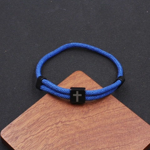 Pulsera de Cuerda Trenzada con Cubo de Cruz de Acero Inoxidable Ajustable Joyería Religiosa de Pascua Pulsera Hecha a Mano