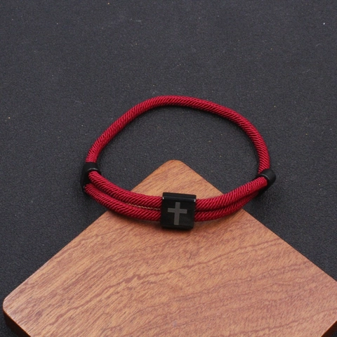 Pulsera de Cuerda Trenzada con Cubo de Cruz de Acero Inoxidable Ajustable Joyería Religiosa de Pascua Pulsera Hecha a Mano