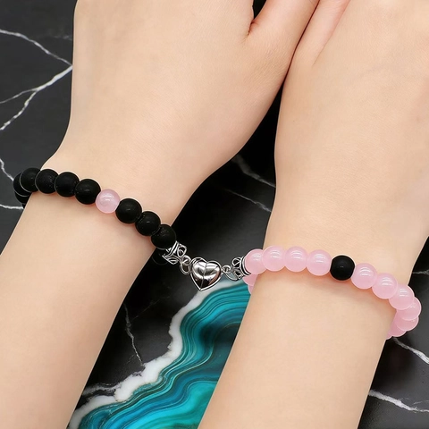 8mm Natural Stone Magnetic Heart Couple Bracelet Set White Turquoise Beaded Stretch Bracelet For Lovers Jewelry Gift