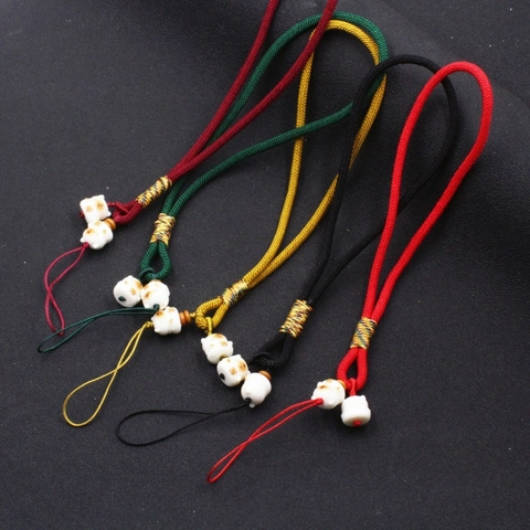Handmade Bodhi Ceramic Lucky Cat Phone Lanyard Woven Wrist Strap Anti-lost Maneki Neko Keychain For Women Gift