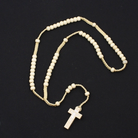 Handmade Wood Beaded Rosary Necklace Religious Crucifix Pendant Woven Rope Sweater Chain For Women Men Vintage Jewelry