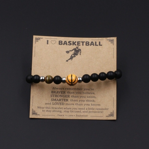 Basketball Theme Tiger Eye Beaded Bracelet For Men Women Adjustable Black Matte Glass Stone Hand Woven Sporty Jewelry Gift
