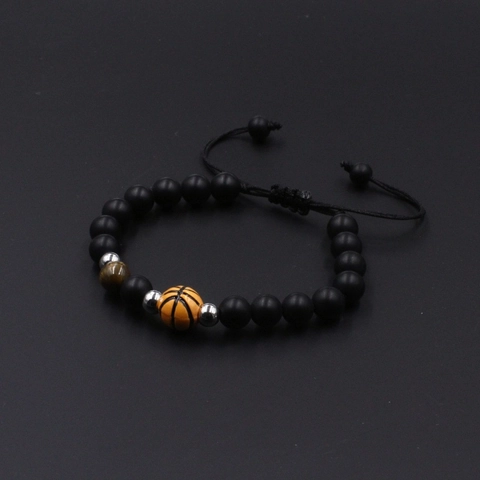 Basketball Theme Tiger Eye Beaded Bracelet For Men Women Adjustable Black Matte Glass Stone Hand Woven Sporty Jewelry Gift