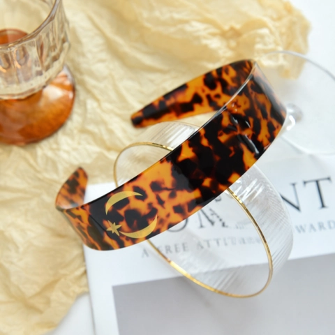 Retro Tortoise Shell Wide Headband For Women French Style Thickened Non-Slip Hair Hoop Gold Moon Star Hair Accessories