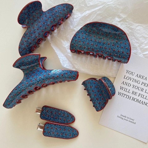 Pinza Per Capelli Vintage In Acetato Con Trama Denim Blu E Pois Rossi Per Donna Fermaglio Per Capelli A Contrasto Shark Clip