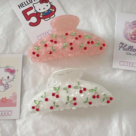 Sweet Cherry Rhinestone Acetate Hair Claw Clip Elegant Shark Clip Fashion Hair Accessories For Women Girls