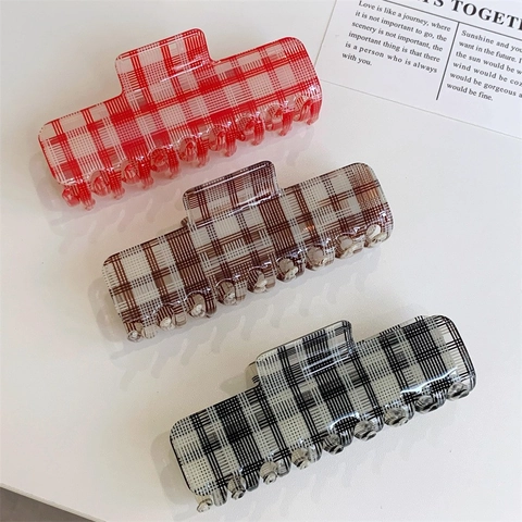 Vintage Plaid Acetate Hair Claw Clip Large Rectangular Gingham Checkered Hairpin For Women Daily Fashion Hair Accessories