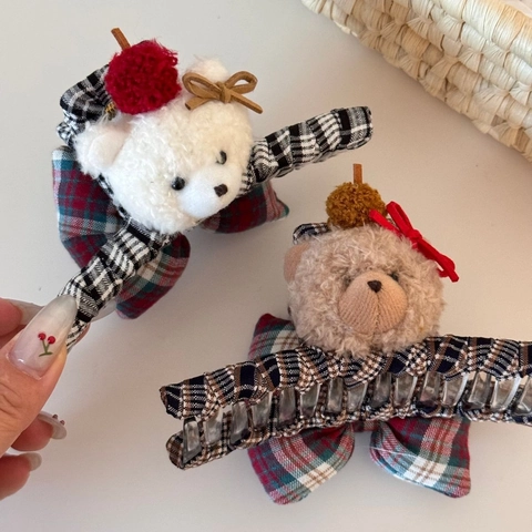 Cute Plush Bear Plaid Bow Hair Claw Clip Large Winter Warm Shark Clip For Women Girls Sweet Hair Accessories