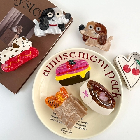 Cartoon Acetate Hair Claw Clips Simulation Strawberry Cake Dog Hot Dog Fruit Shape Shark Clip Sweet Hair Accessories For Women Girls
