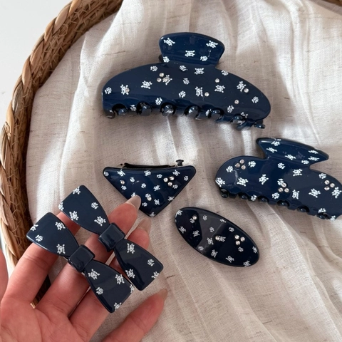 Pince per Capelli in Acetato Blu Marino a Fiori Con Strass Elegante Piccola Grande Clip a Squalo Fiocco Ovale Triangolo Gioielli Donna