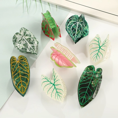 Vintage Plant Leaf Hair Claw Cellulose Acetate Hair Clip Marble Texture Large Shark Clip For Women Daily Styling Party Jewelry