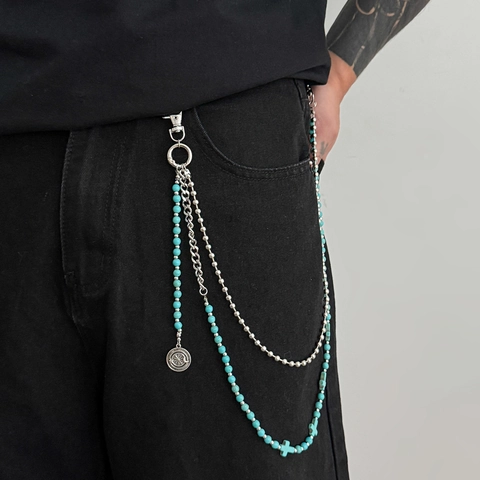 Uomo Hip Hop Catena da Vita Multistrato Perline in Turchese Imitazione Ciondolo a Croce Catena da Pantaloni Punk Vintage Metallo Argento
