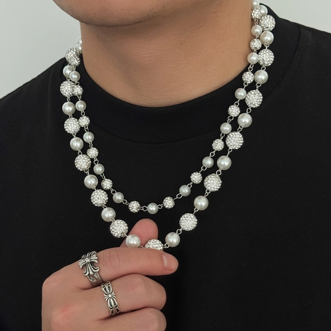 Collana Hip Hop a Doppio Strato con Künstliche Perle d'Imitazione e Sfere di Strass Catena Sottile Gioielli per Uomo Donna Festa