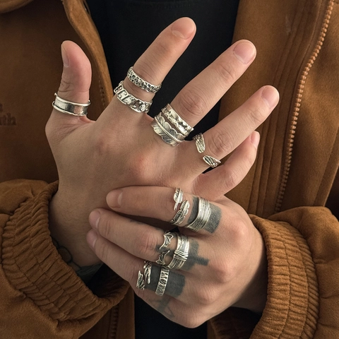 Herren Vintage Legierung Offenes Ring Set Antiksilber Feder Flügel Muster Hip Hop Street Style Schmuck Für Tägliche Outfits