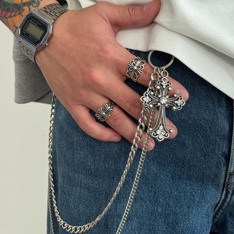 Hip Hop Double Layer Metal Trousers Chain With Rhinestone Cross Pendant Punk Gothic Belt Chain For Men Jeans Accessories