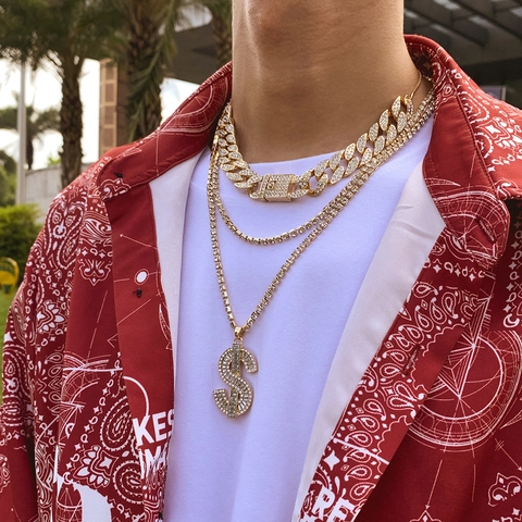 Collier Multi-rangs Hip Hop pour Hommes Alliage Strass Iced Out Maillon Cubain Collier Tennis Avec Pendentif Signe Dollar