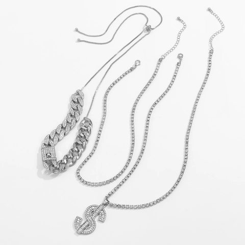 Collier Multi-rangs Hip Hop pour Hommes Alliage Strass Iced Out Maillon Cubain Collier Tennis Avec Pendentif Signe Dollar