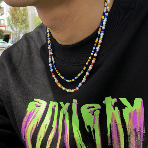 Men Bohemian Colorful Seed Bead Necklace Set With Artificial Pearl Double Layer Beaded Summer Jewelry Vacation Trend Accessories