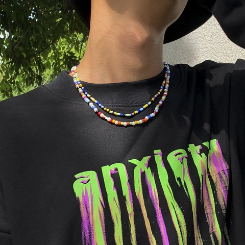 Men Bohemian Colorful Seed Bead Necklace Set With Artificial Pearl Double Layer Beaded Summer Jewelry Vacation Trend Accessories