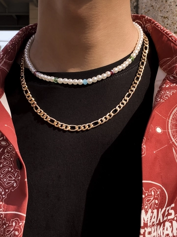 Mens Double Layer Necklace Golden Figaro Chain With Artificial Pearl Colorful Beads Vintage Hip Hop Streetwear Jewelry