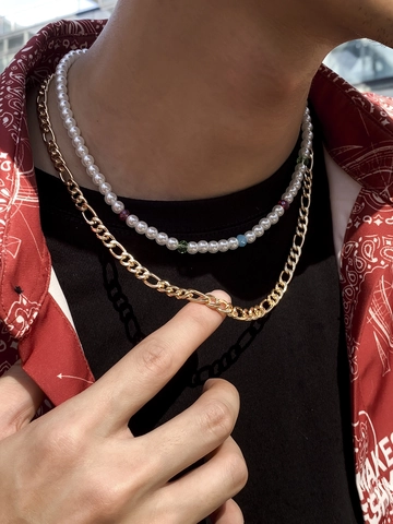 Mens Double Layer Necklace Golden Figaro Chain With Artificial Pearl Colorful Beads Vintage Hip Hop Streetwear Jewelry