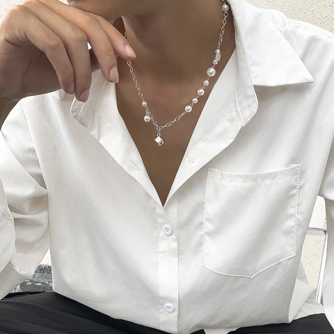 Fashion Men Alloy Acrylic Dice Pendant Necklace With Artificial Pearl Splicing Streetwear Adjustable Chain Hip Hop Jewelry