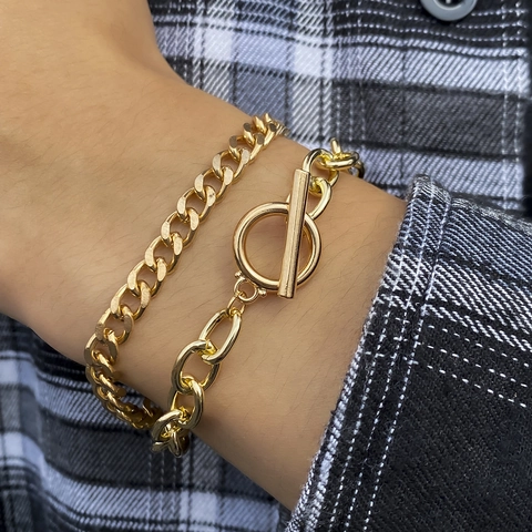 Minimalist Alloy Double Layer Curb Chain Toggle Clasp Bracelet For Men Trendy Geometric Link Bracelet Set Gold Silver Jewelry