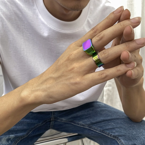 Fashion Rainbow Gradient Metal Signet Ring And Plain Band Combination For Men Punk Style Geometric Square Glossy Surface Jewelry