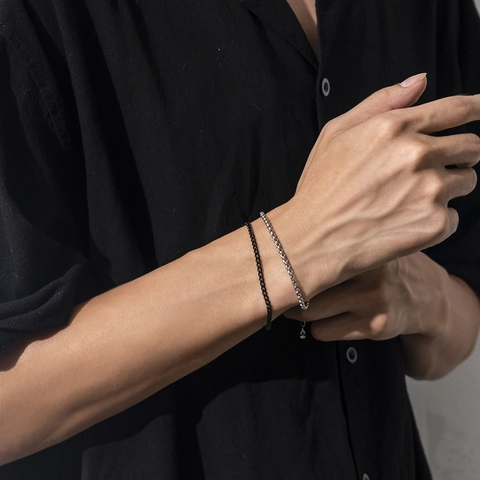 Minimalist Metal Chain Bracelet For Men Black Curb Chain And Silver Box Chain Punk Style Double Layer Stacking Jewelry Gift