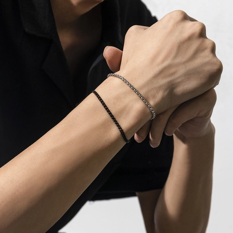 Minimalist Metal Chain Bracelet For Men Black Curb Chain And Silver Box Chain Punk Style Double Layer Stacking Jewelry Gift