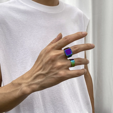 Fashion Rainbow Gradient Metal Signet Ring And Plain Band Combination For Men Punk Style Geometric Square Glossy Surface Jewelry