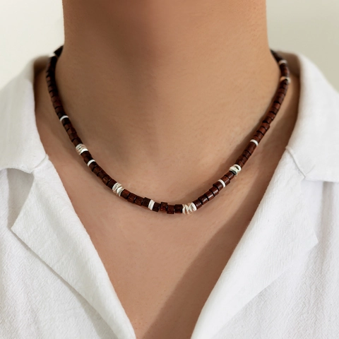 Men's Bohemian Wooden Bead Polymer Clay Necklace Handmade Vintage Ethnic Splicing Chain Fashion Jewelry Accessories For Men