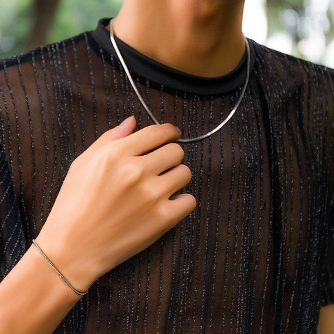 Set Collana e Bracciale Uomo Hip Hop Minimalista in Rame a Catena di Serpente Argento Galvanizzato Gioielli da Pendolare