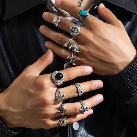 Vintage Gothic Punk Rings With Skeleton Dragon Spider Design Alloy Metal Artificial Turquoise Stone Rings For Men Women